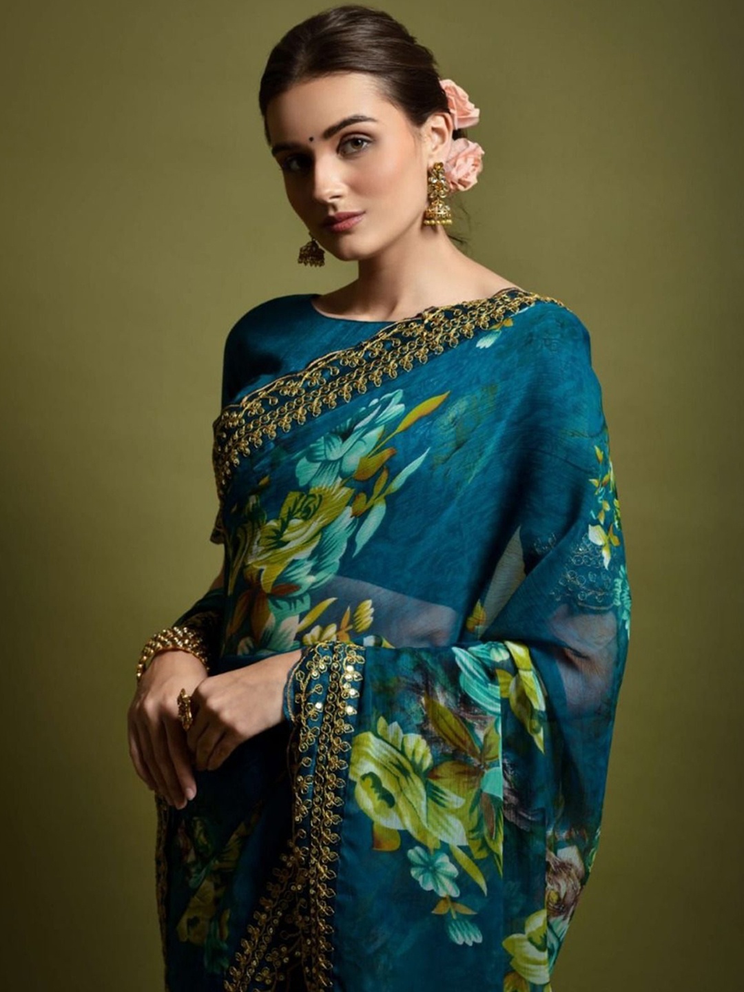

Anouk Floral Printed Embroidered Pure Georgette Saree, Teal
