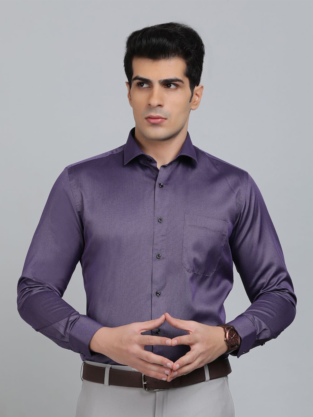 

Greenfibre Men Slim Fit Spread Collar Solid Cotton Formal Shirt, Purple