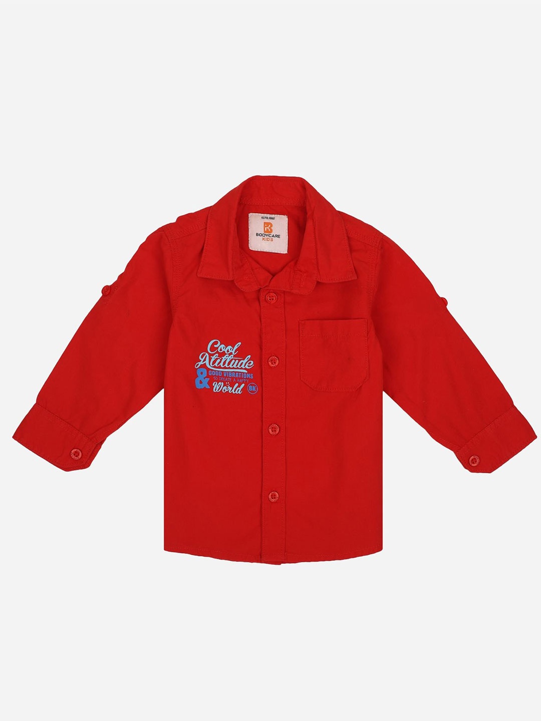 

Bodycare Kids Boys Spread Collar Typography Printed Cotton Casual Shirt, Red
