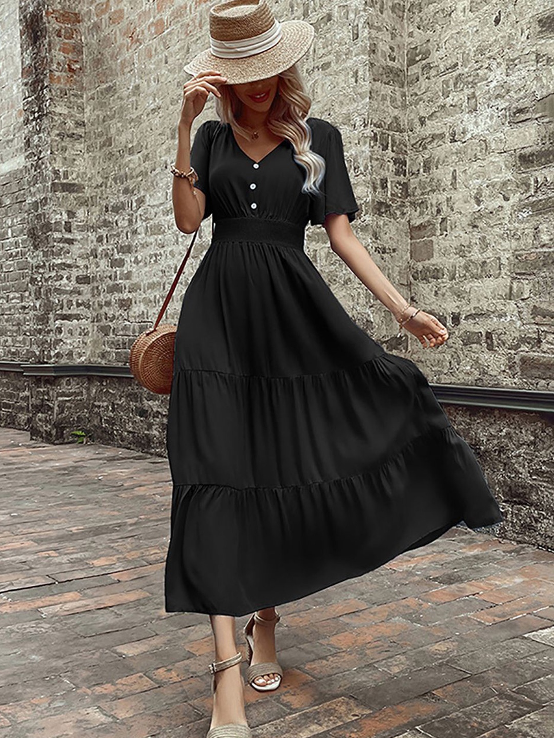 

StyleCast x Revolte Women A-Line Tiered Midi Dress, Black