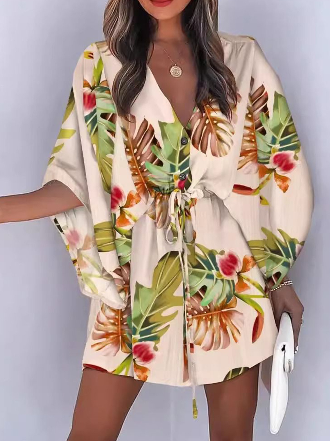 

StyleCast Women Printed Kimono Sleeve Silk Kaftan Mini Dress, Cream