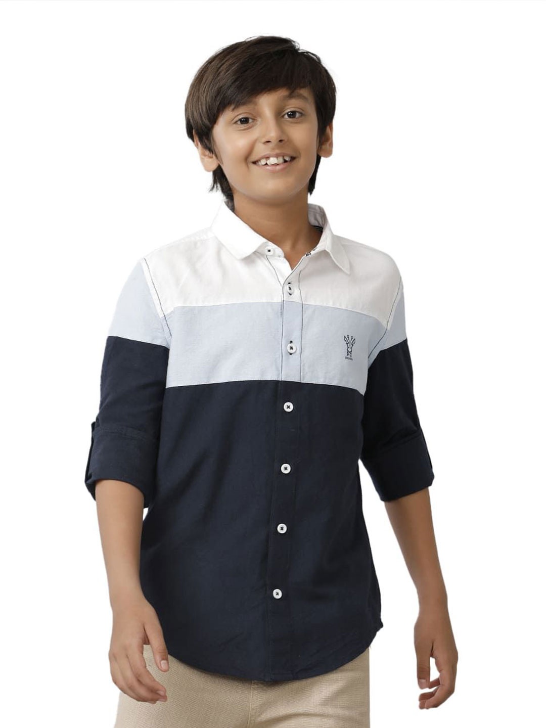 

UNDER FOURTEEN ONLY Boys Spread Collar Colourblocked Cotton Casual Shirt, Navy blue