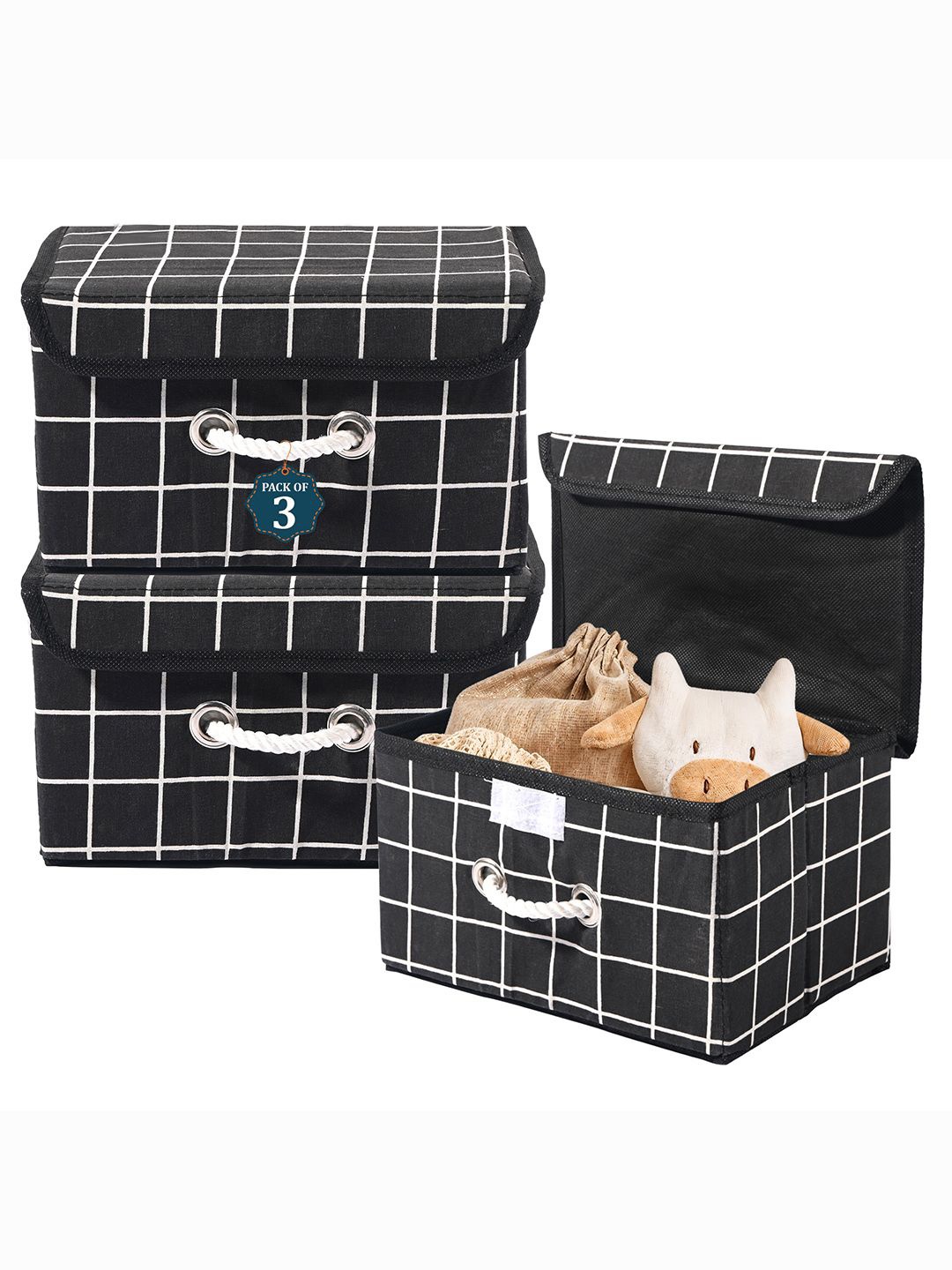 

Kuber Industries Black Set of 3 Printed Cotton Reusable Drawer Organisers