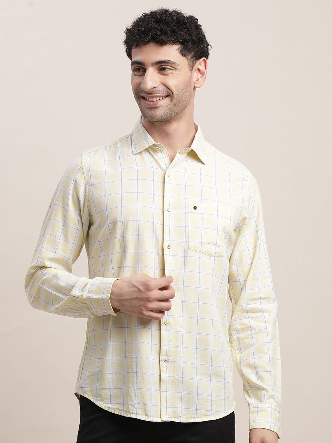 

Turtle Men Relaxed Fit Spread Collar Grid Tattersall Checked Cotton Casual Shirt, Yellow