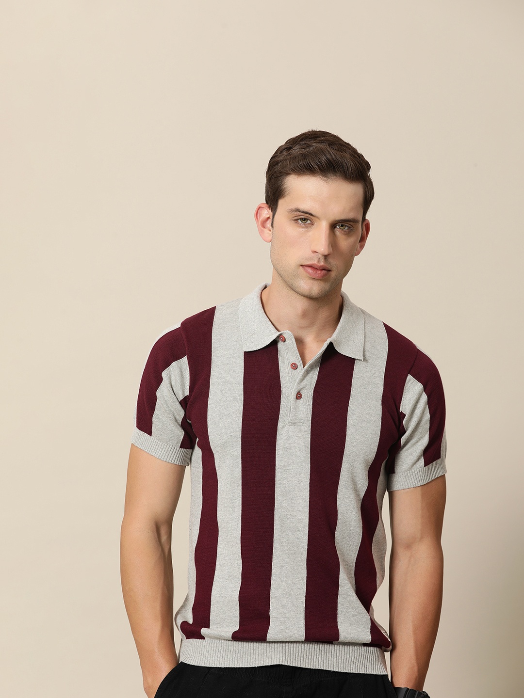 

Mr Bowerbird Tailored Fit Striped Polo Collar Pure Cotton T-shirt, Maroon