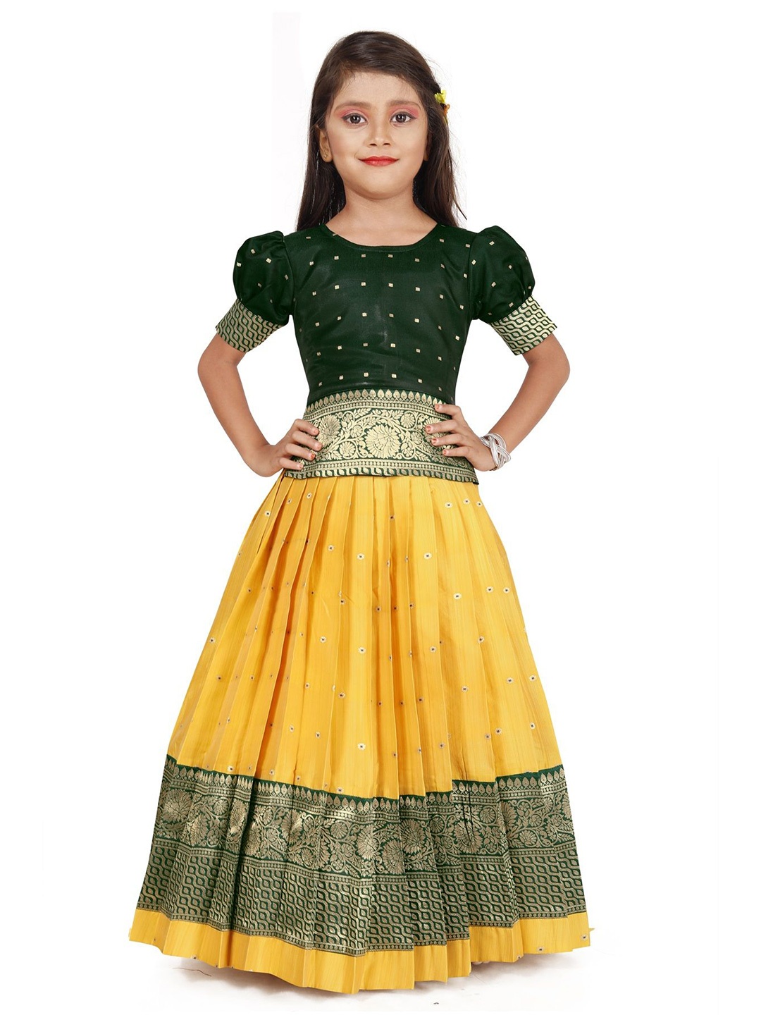 

FELIZ THE DESIGNER STUDIO Girls Woven Design Zari Jacquard Ready to Wear Lehenga & Blouse, Yellow