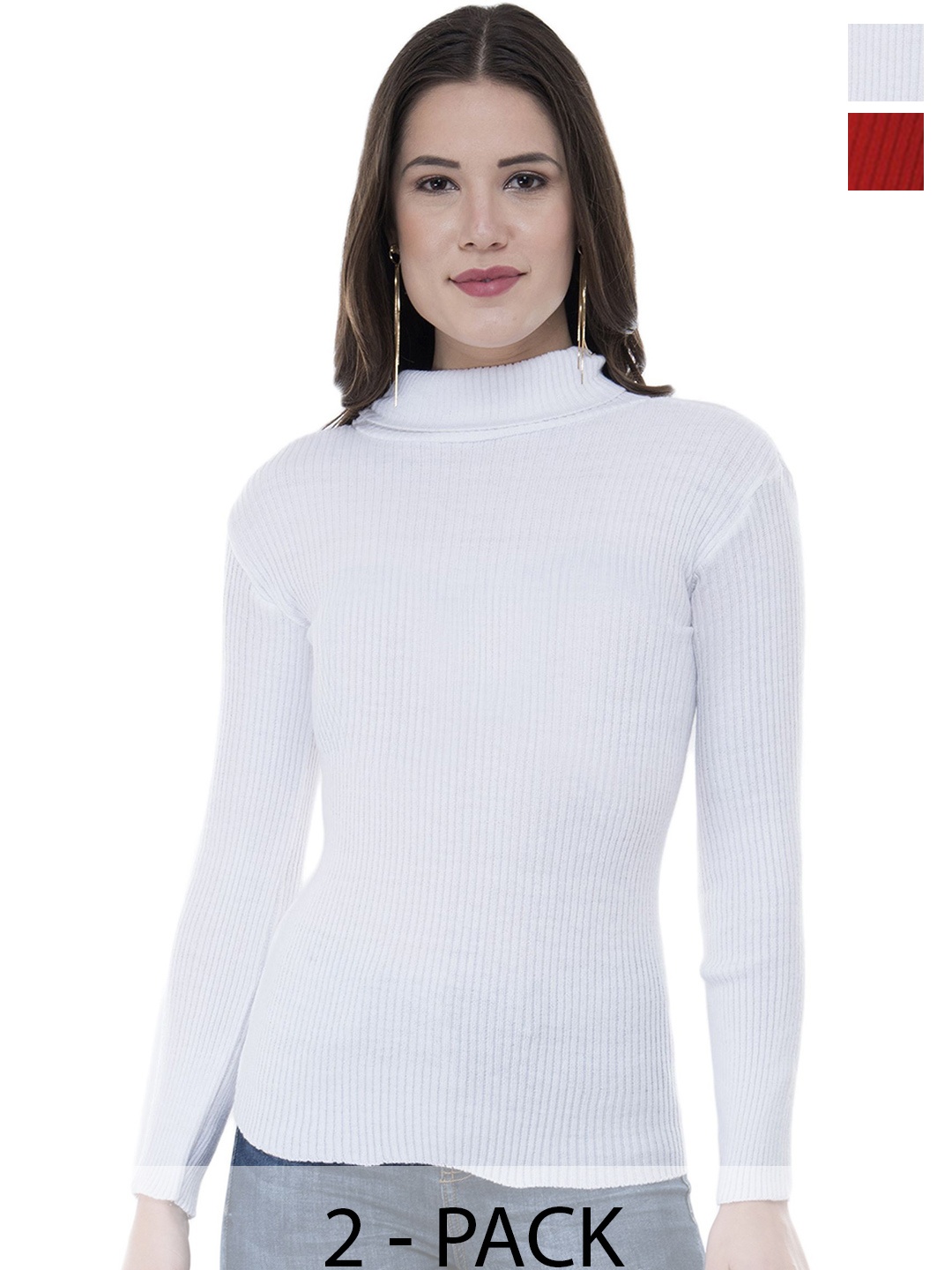 

IndiWeaves Women Pack Of 2 Woollen Ribbed High Neck Pullover Sweaters, Red