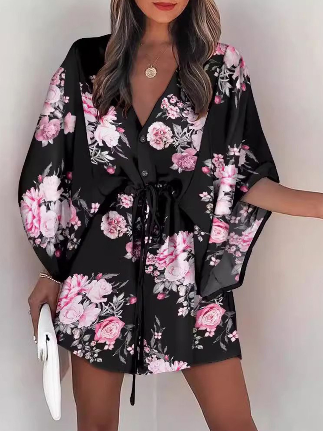 

StyleCast Floral Print Kimono Sleeve Kaftan Mini Dress, Black