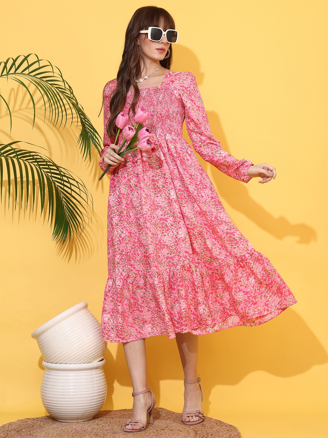 

PIK OOPS Floral Printed Smocked Tired Detailed Fit & Flare Midi Dress, Pink