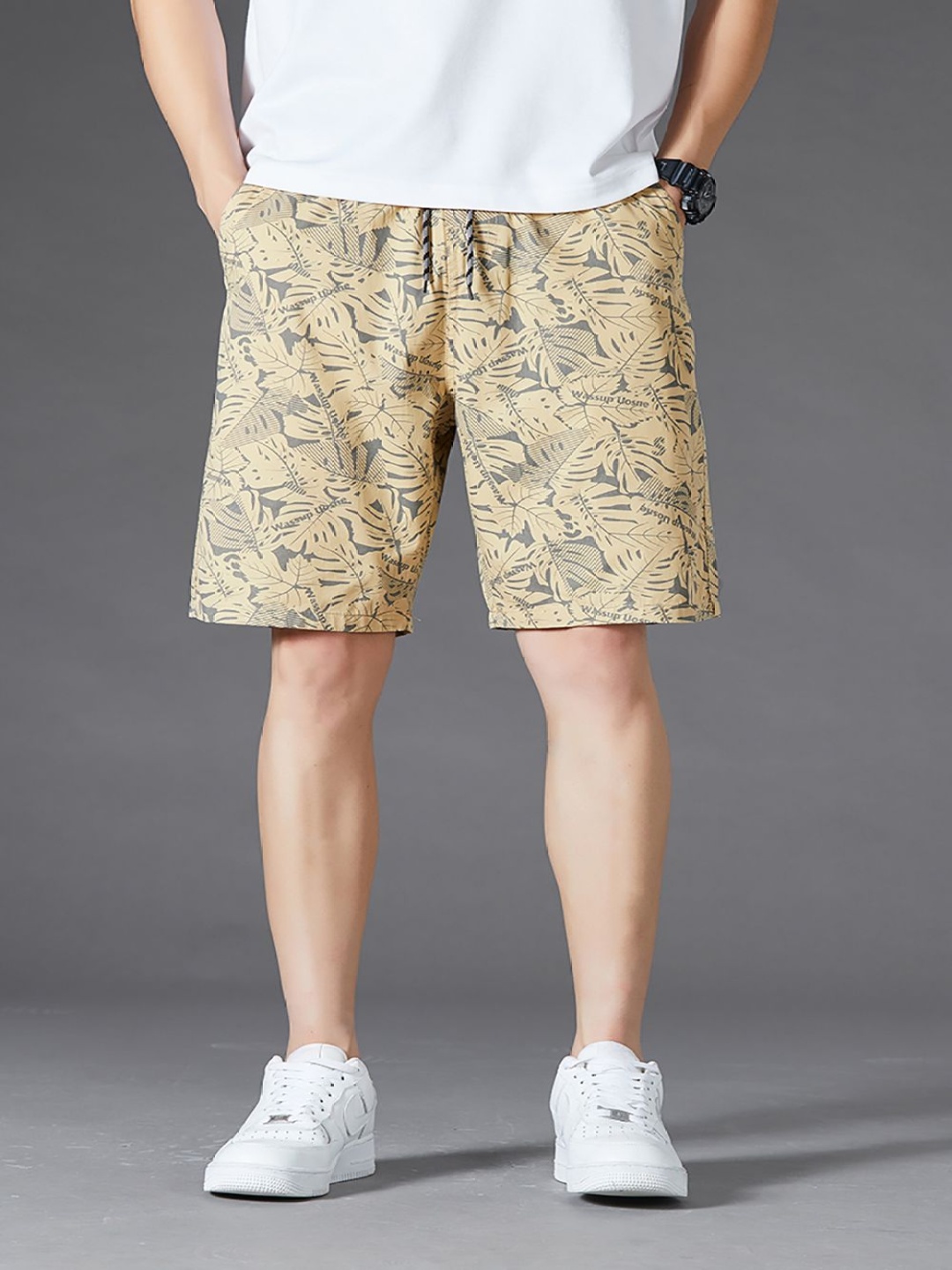 

StyleCast x Revolte Men Cotton Mid-Rise Conversational Printed Shorts, Khaki