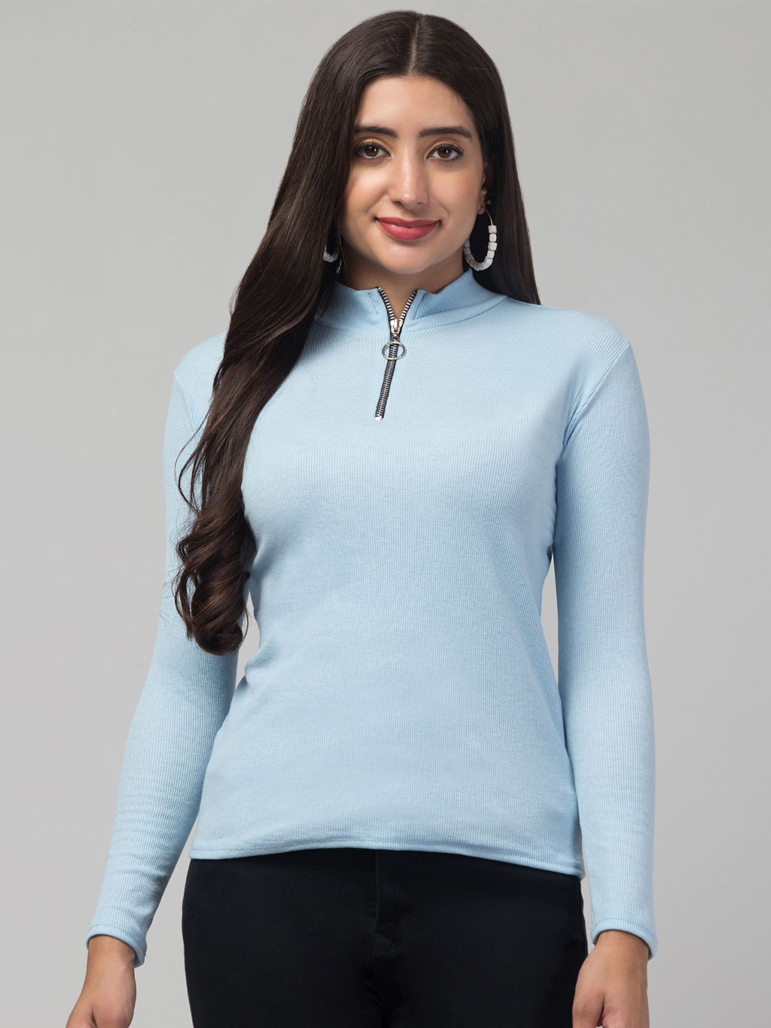 

STYLE PREZONE Women Ribbed Half Zipper Top, Blue
