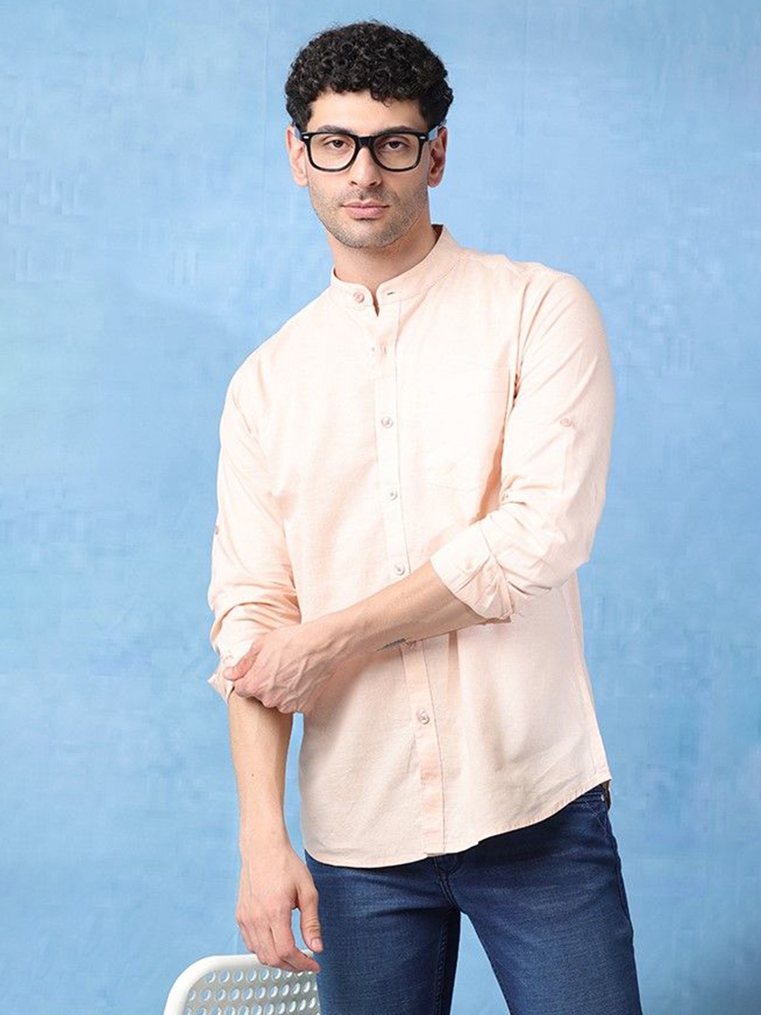 

RIGS AND RAGS Men Classic Fit Band Collar Solid Cotton Casual Shirt, Orange