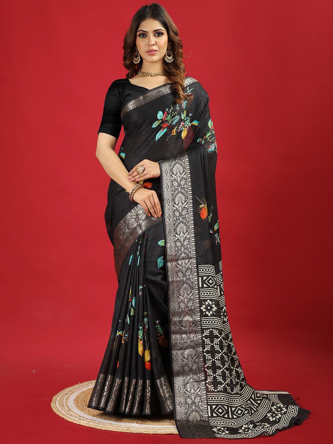 

NIRMAL CREATION Floral Zari Poly Chiffon Saree, Black