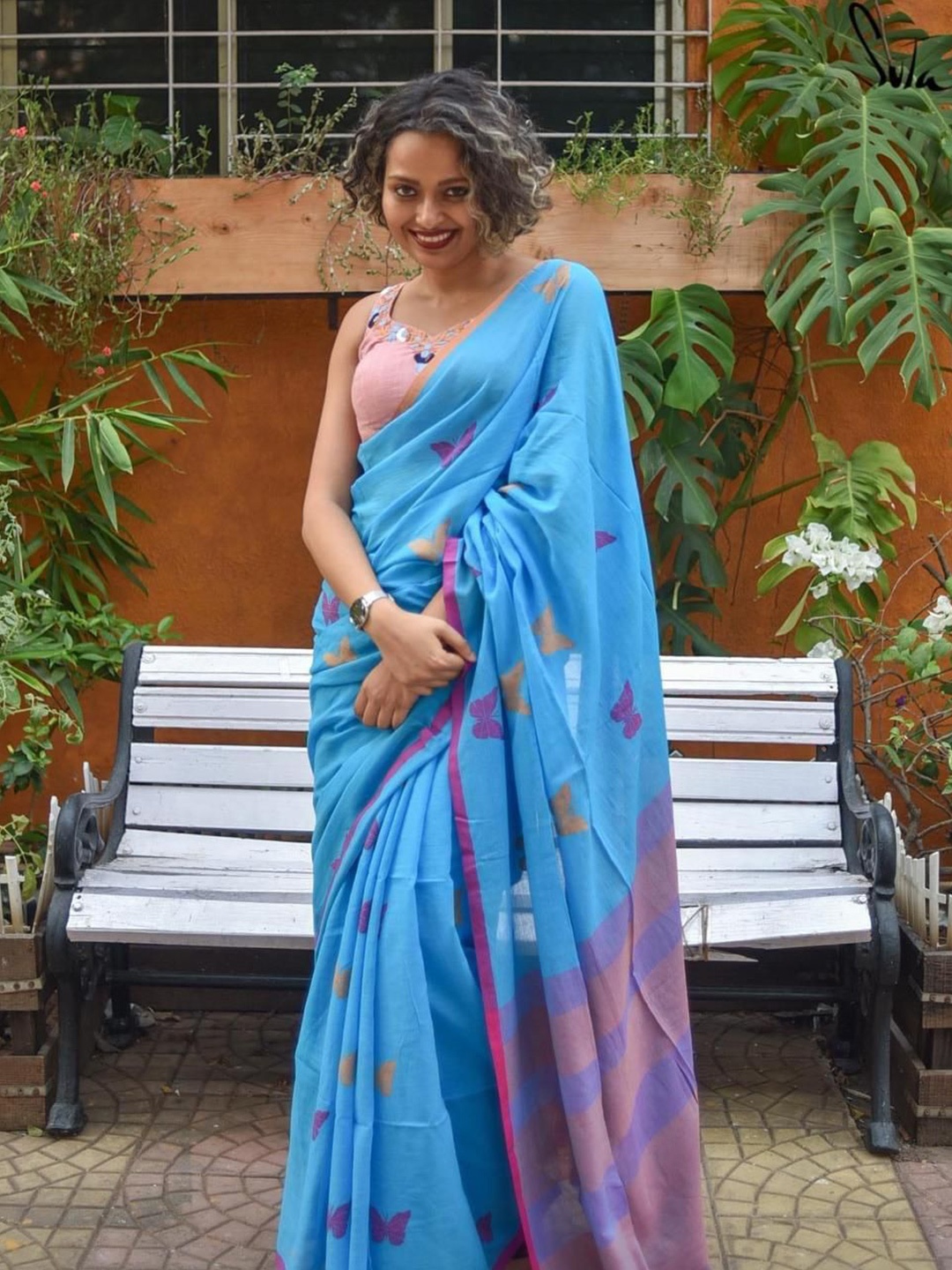 

Ruuprekha Woven Design Zari Pure Cotton Khadi Saree, Blue
