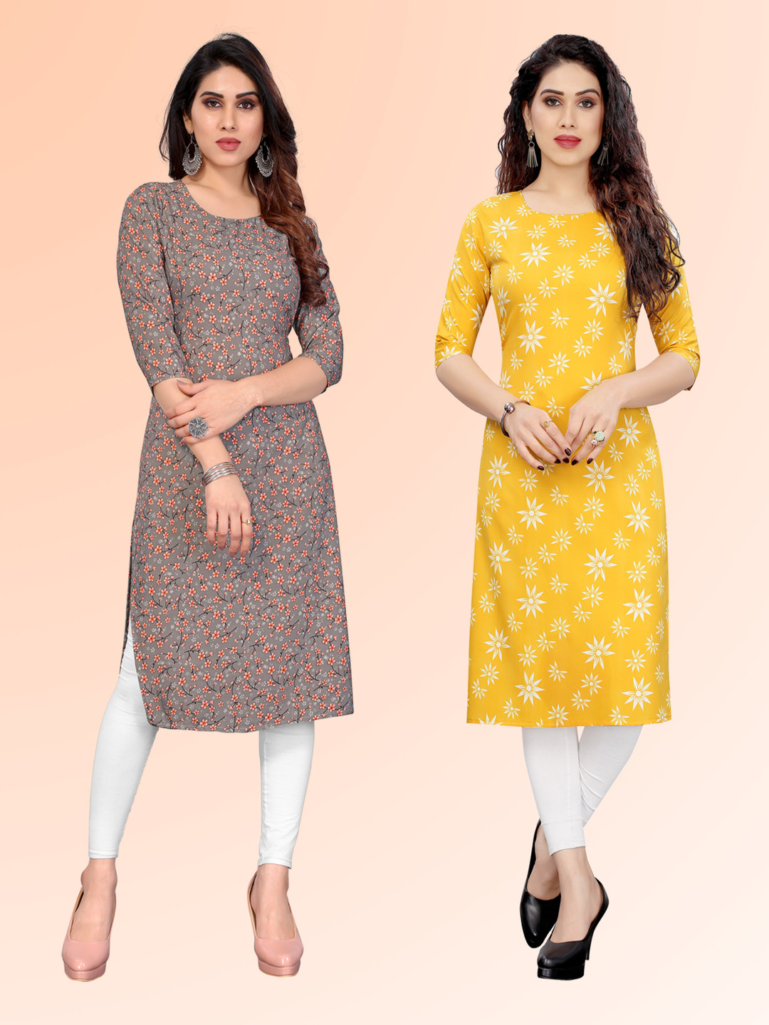 

KETAKI FASHION Selection Of 2 Floral Printed Round Neck Kurtas, Grey