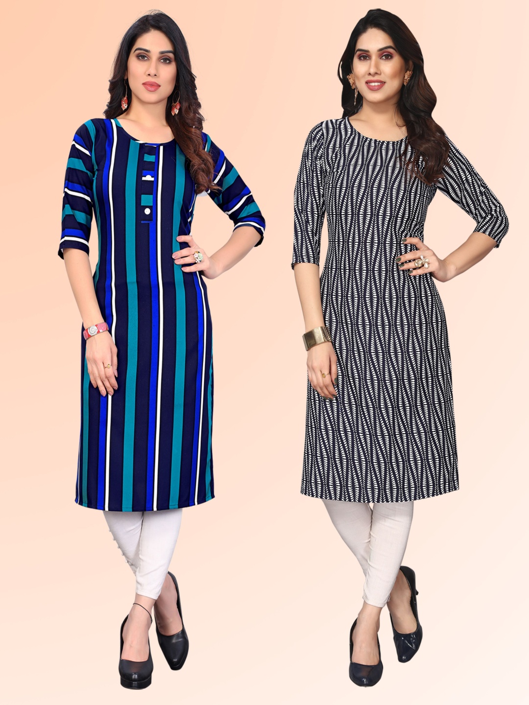 

KETAKI FASHION Selection Of 2 Striped Printed Round Neck Straight Kurtas, Blue