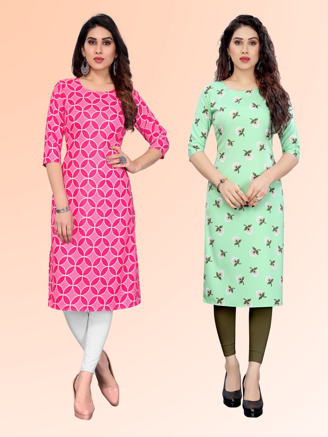 

KETAKI FASHION Selection Of 2 Geometric Printed Round Neck Kurtas, Pink