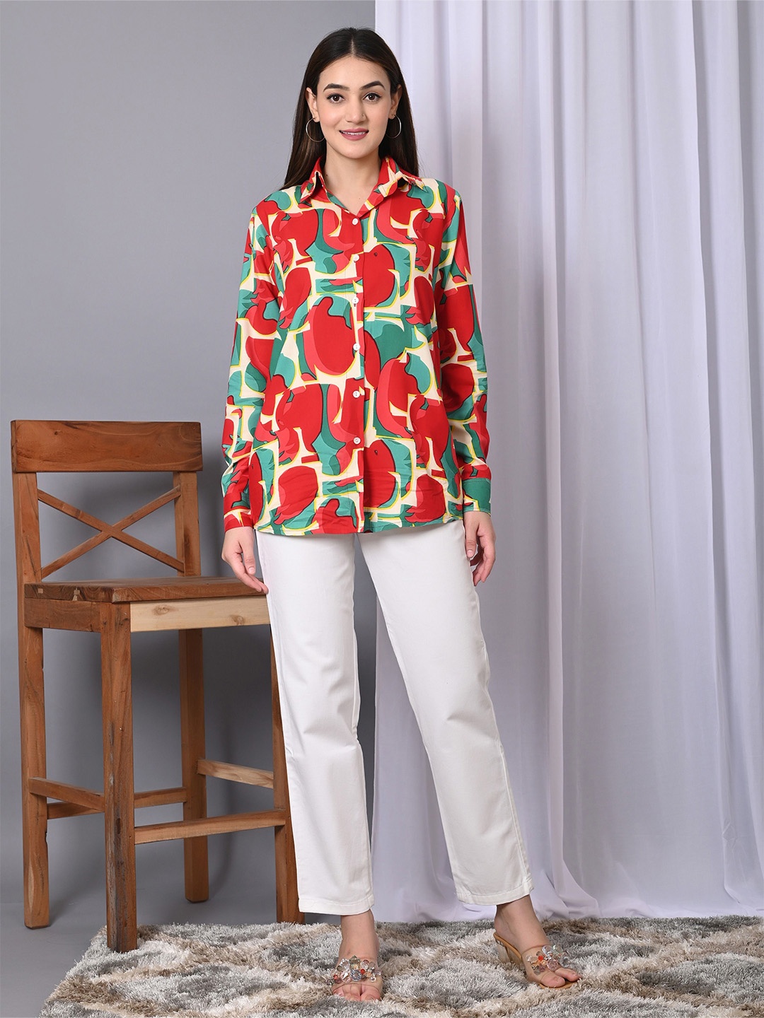 

VYMO Women Relaxed Fit Spread Collar Abstract Printed Casual Shirt, Red