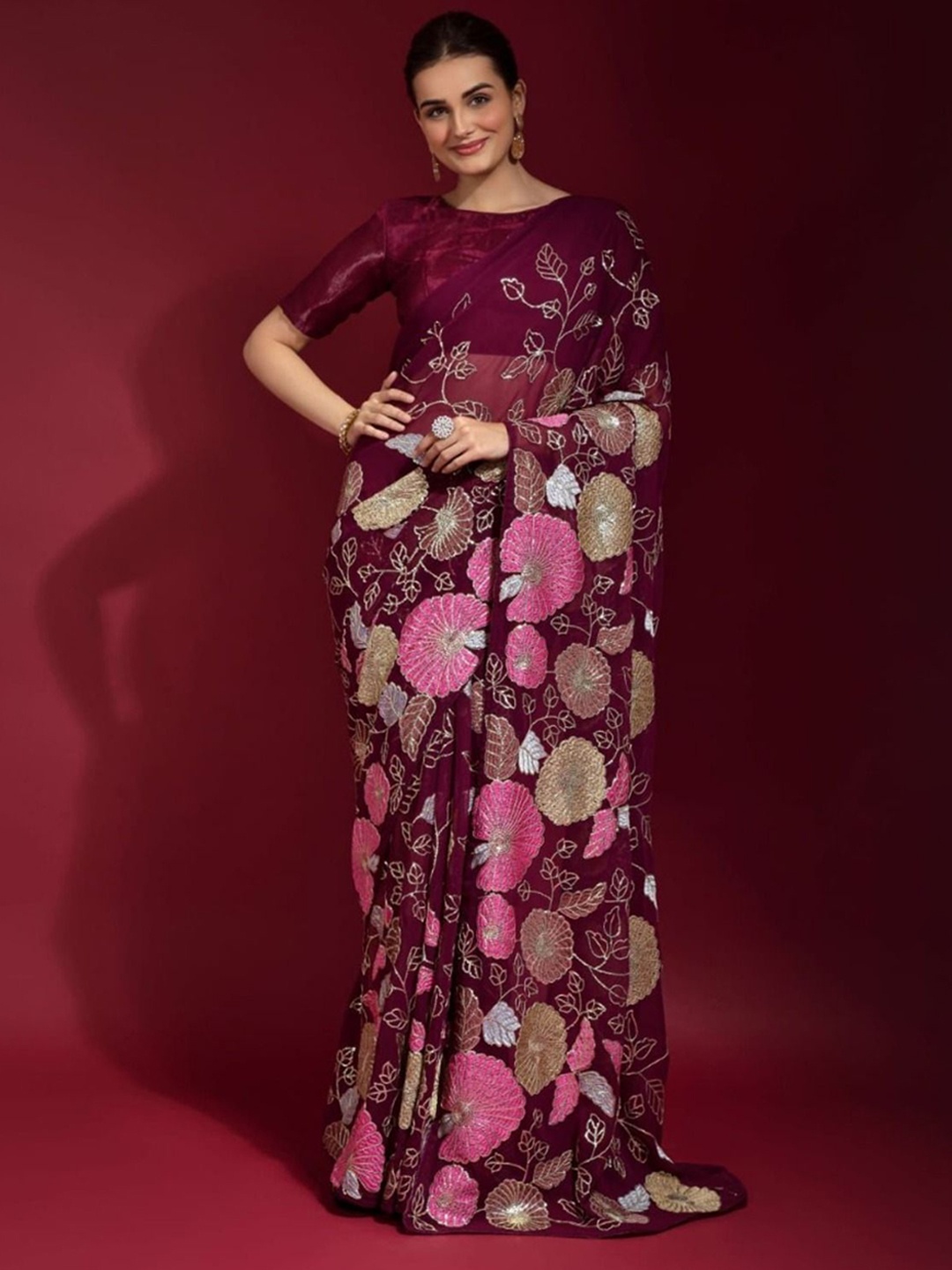 

Anouk Women Floral Embroidered Pure Georgette Saree, Maroon
