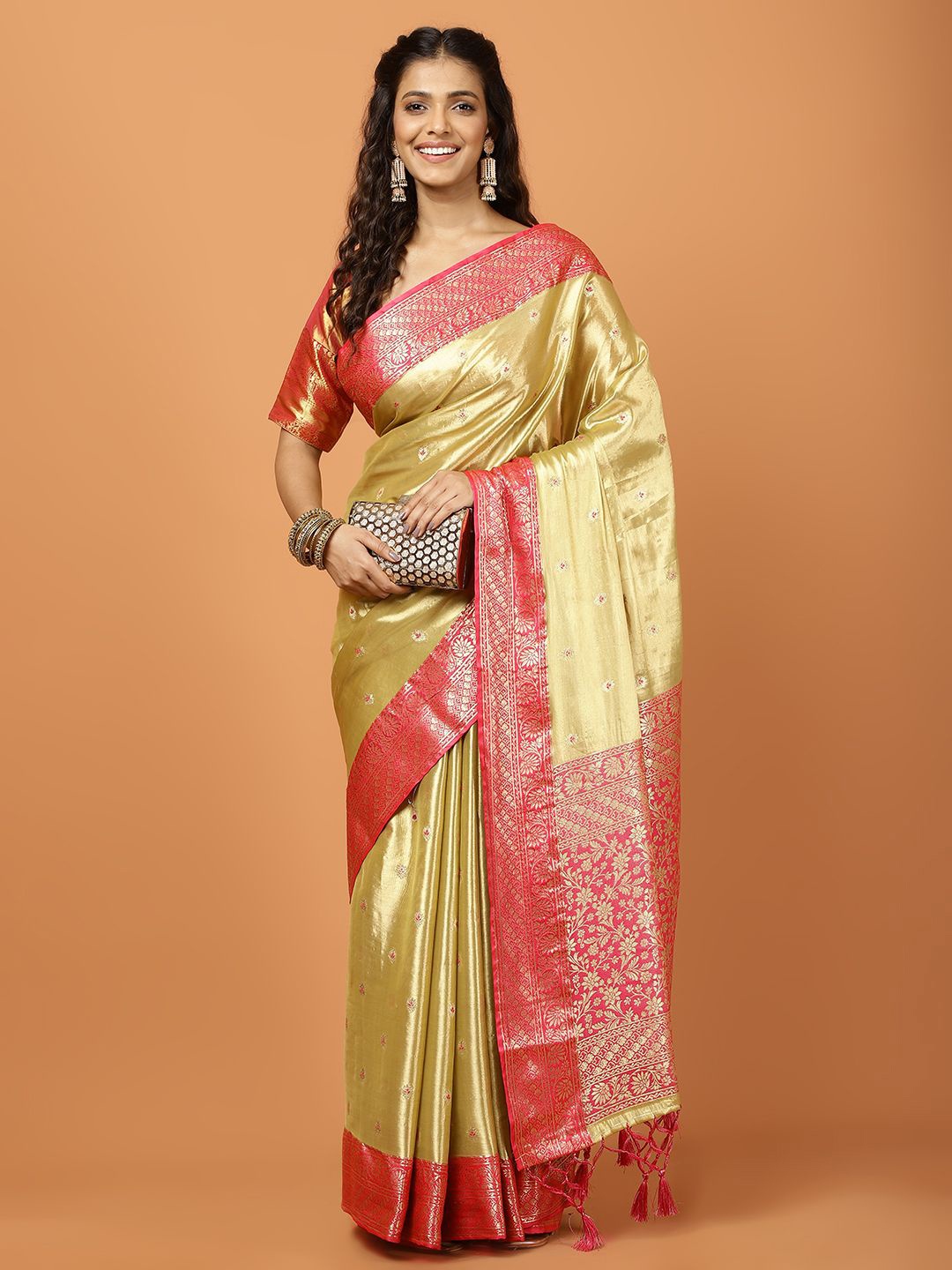 

Meena Bazaar Ethnic Motifs Woven Design Zari Tissue Banarasi Saree, Beige