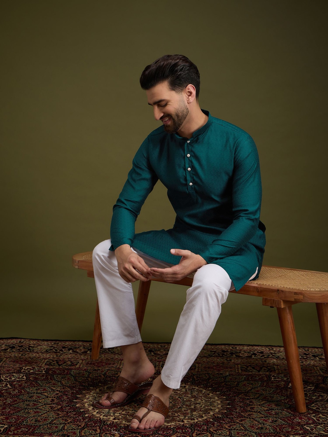 

Anouk Green Geometric Embroidered Mandarin Collar Pure Cotton Straight Kurta