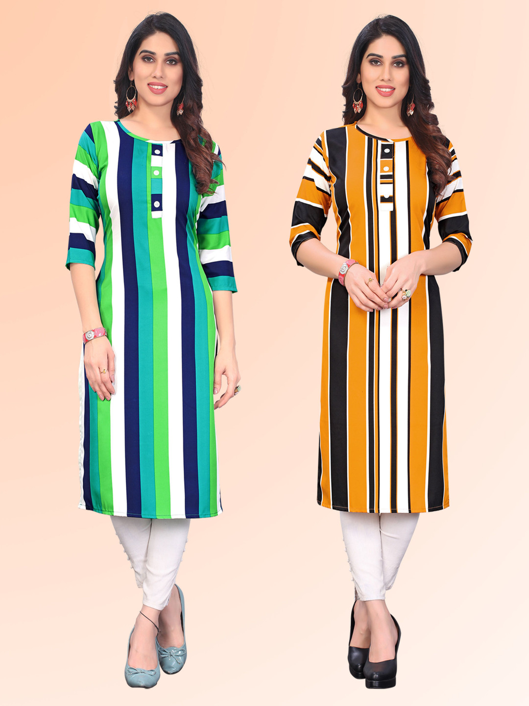

KETAKI FASHION Selection Of 2 Striped Printed Round Neck Straight Kurtas, Green