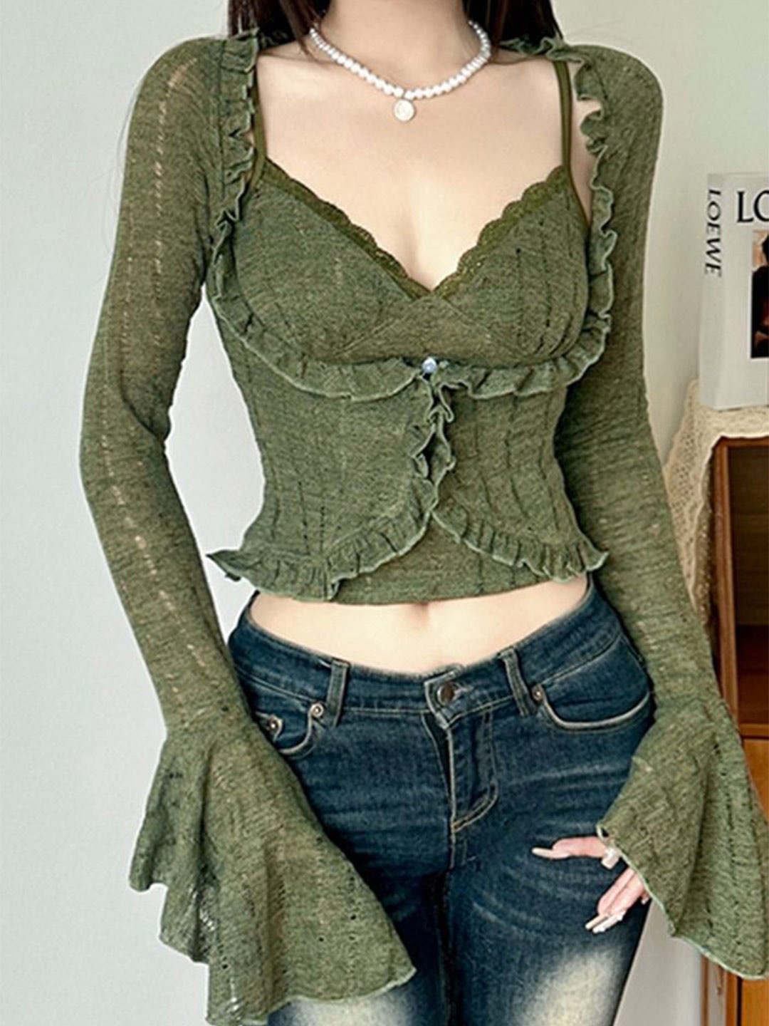 

LULU & SKY Women Sweetheart Neck Bell Sleeve Crop Top, Green