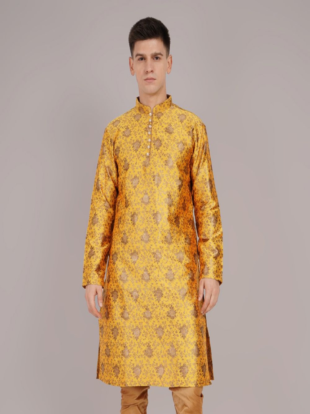 

Larwa Jacquard Woven Design Mandarin Collar Straight Kurta, Yellow