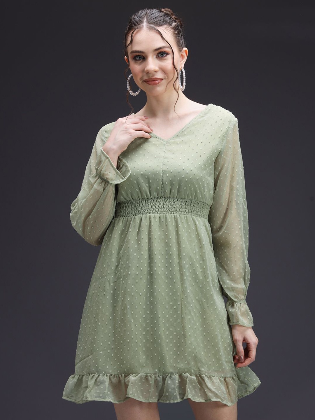 

emeros Women V-Neck Self Design Georgette Fit & Flare Dress, Green