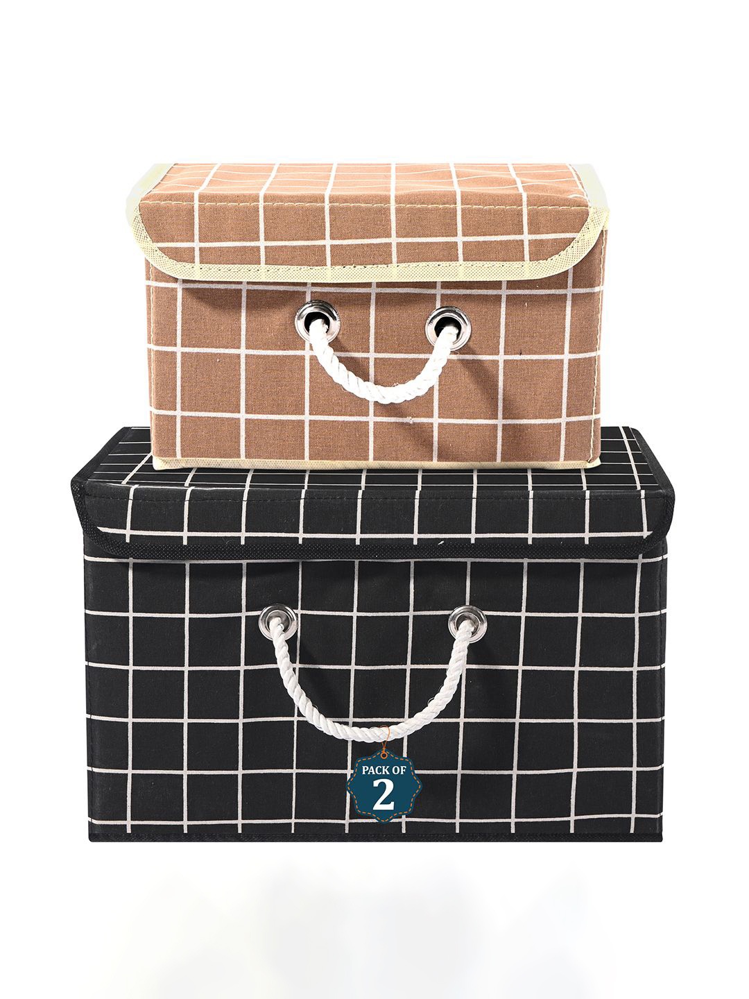 

Kuber Industries Black and Brown Set of 2 Checked Cotton Reusable Drawer Organisers