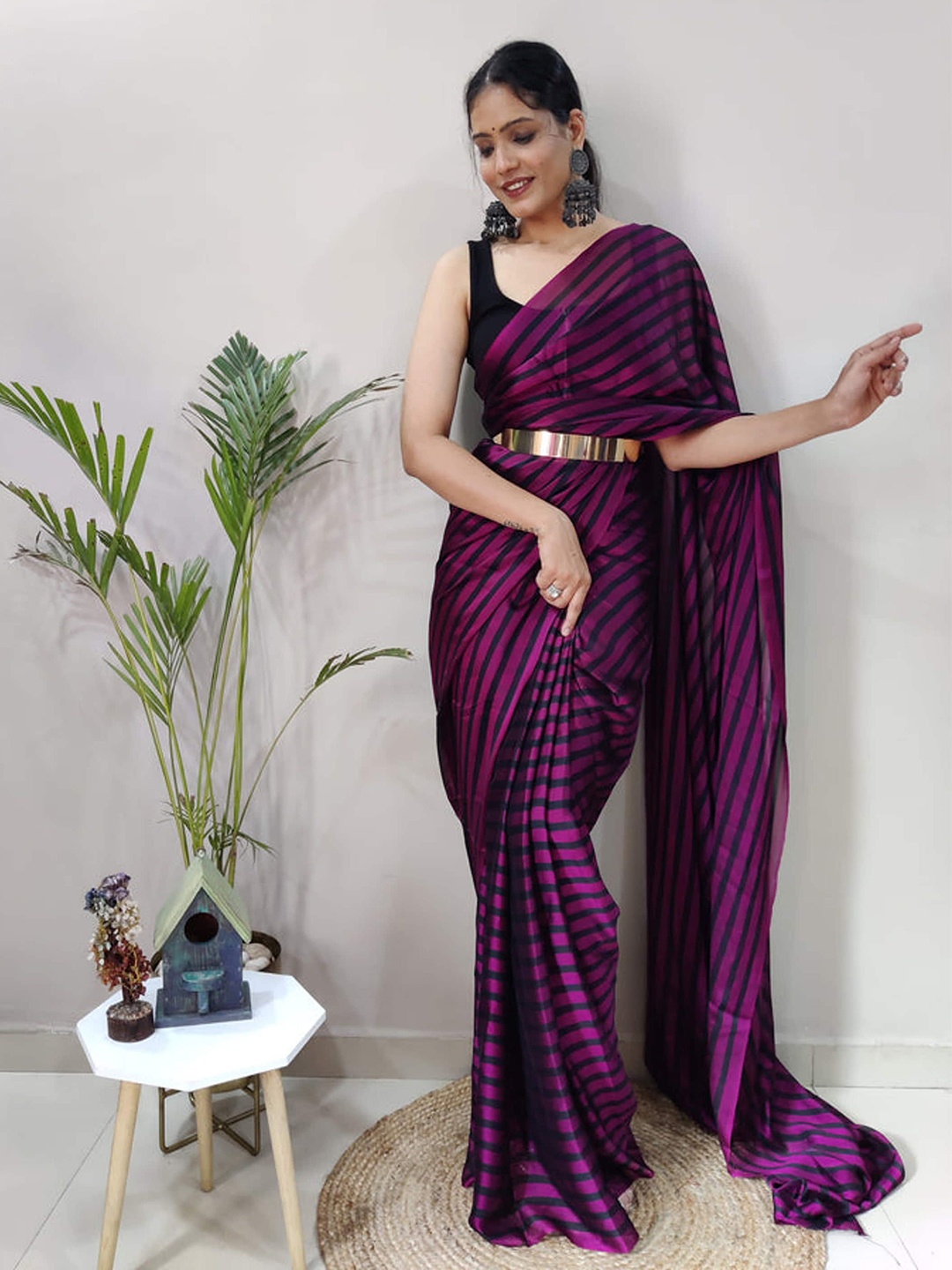 

DIVASTRI Striped Satin Ready to Wear Saree, Purple