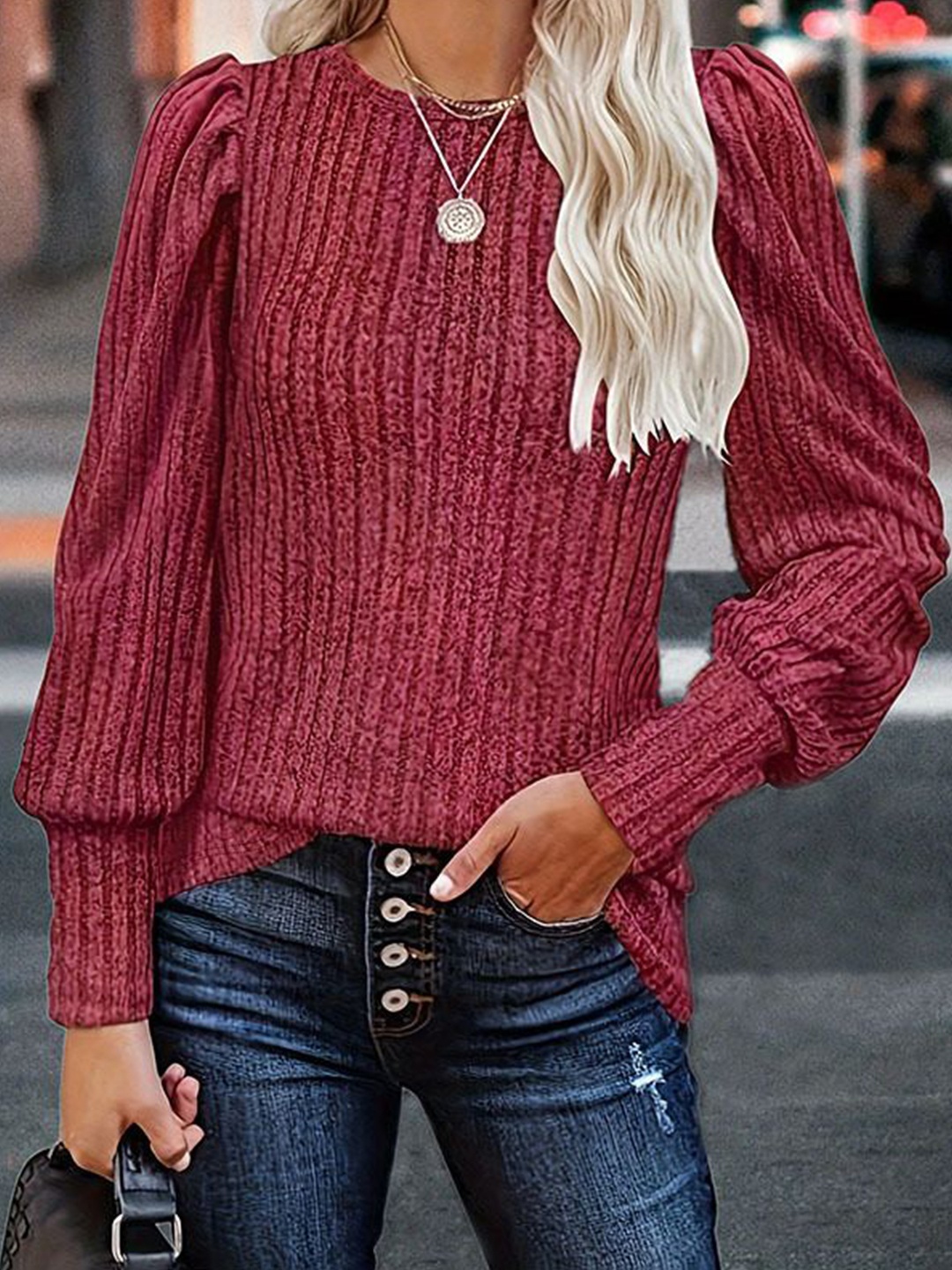 

StyleCast Women Ribbed Cuffed Sleeves Cotton Top, Maroon