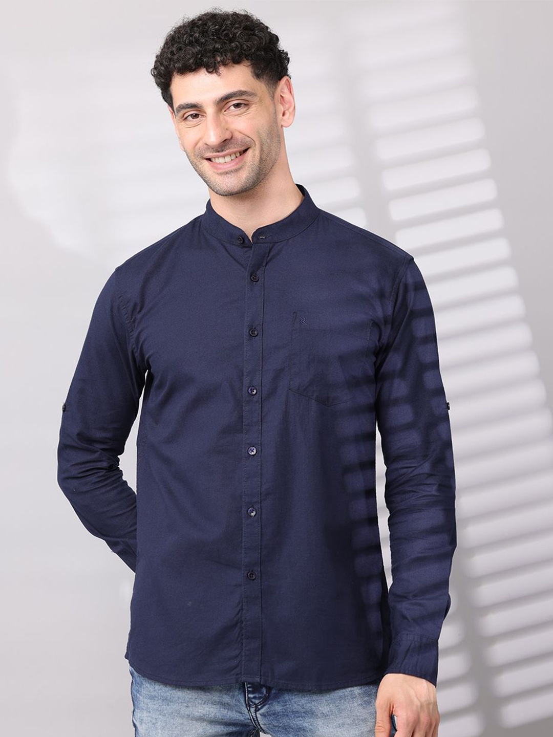 

RIGS AND RAGS Men Classic Fit Band Collar Solid Cotton Casual Shirt, Navy blue