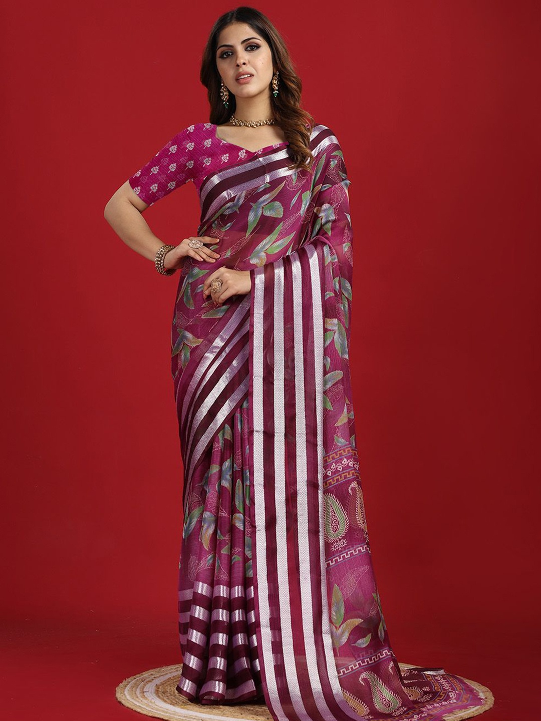 

NIRMAL CREATION Floral Zari Saree, Burgundy