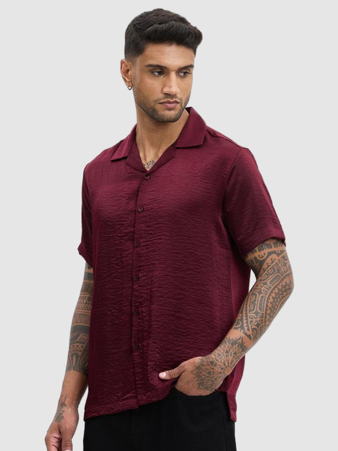 

Snitch Men Relaxed Fit Cuban Collar Textured Casual Shirt, Maroon