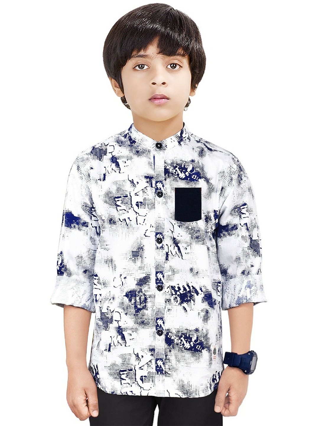 

MADE IN THE SHADE Boys Band Collar Abstract Printed Cotton Casual Shirt, White