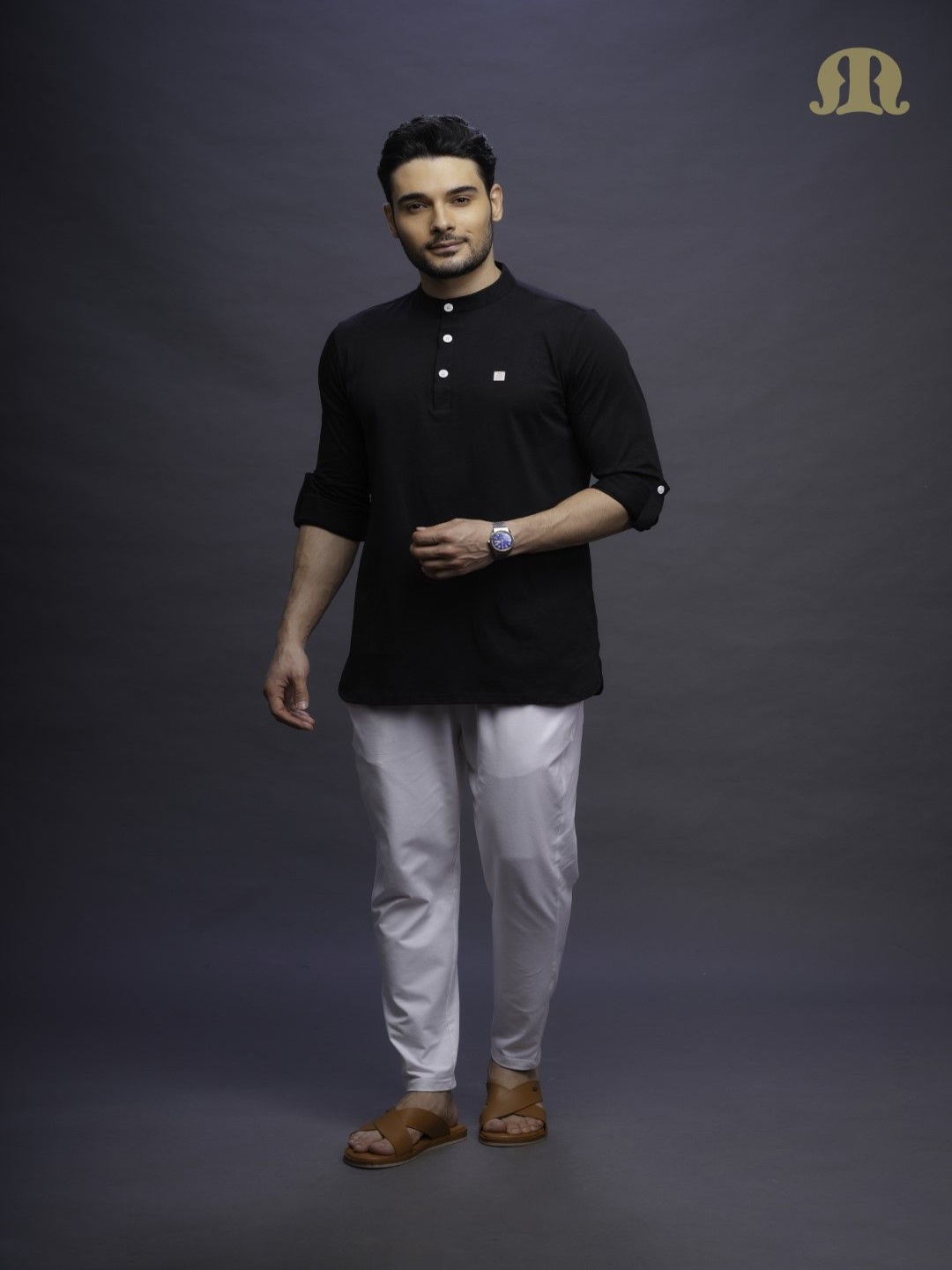 

MASHROO Band Collar Straight Kurta With Pyjamas, Black