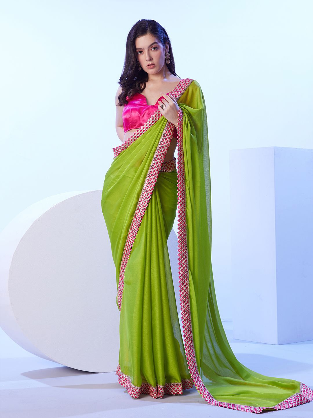 

Kalista Sequinned Pure Chiffon Saree, Fluorescent green