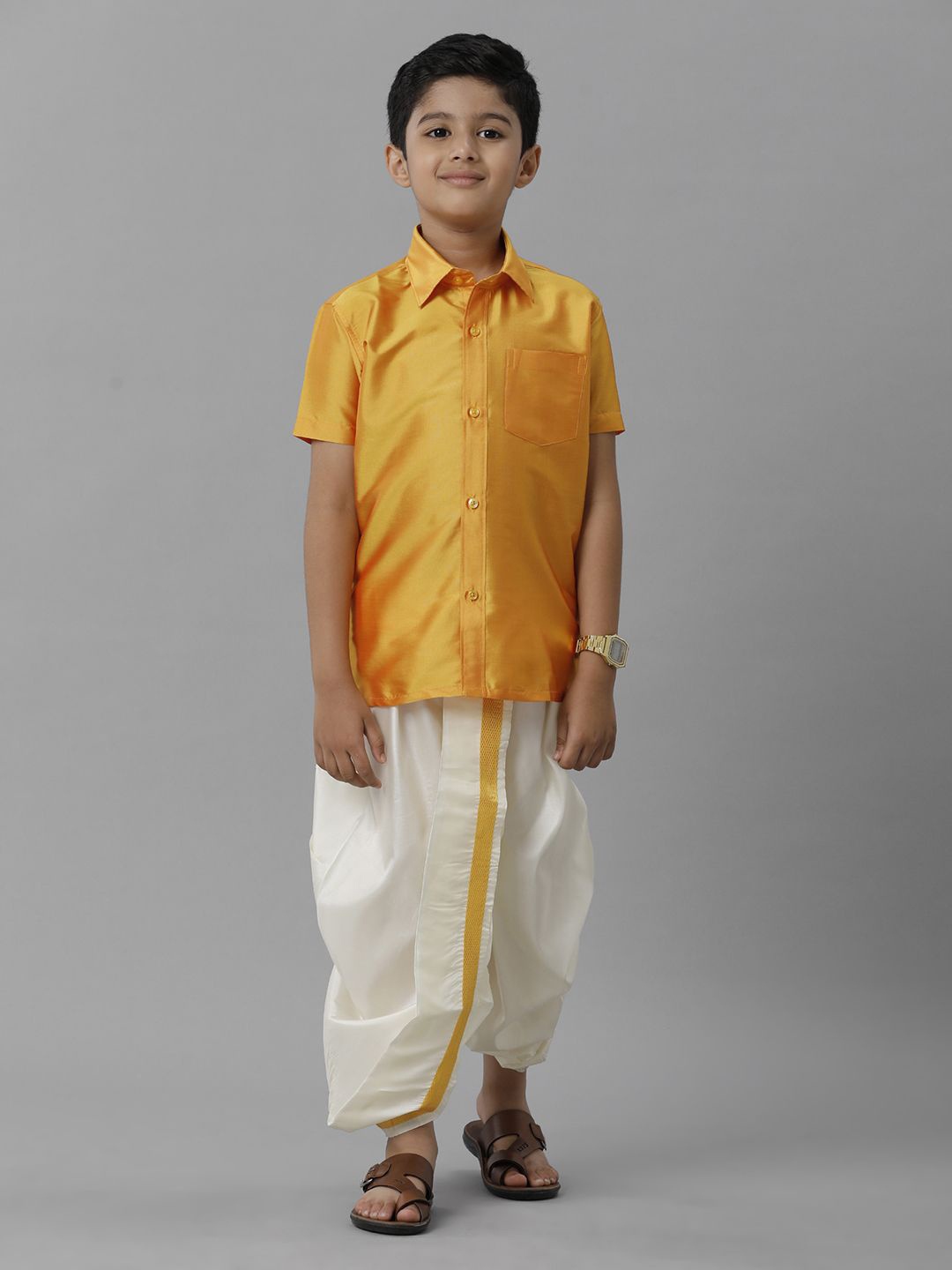 

Ramraj Boys Short Sleeves Shirt With Panchakacham, Yellow