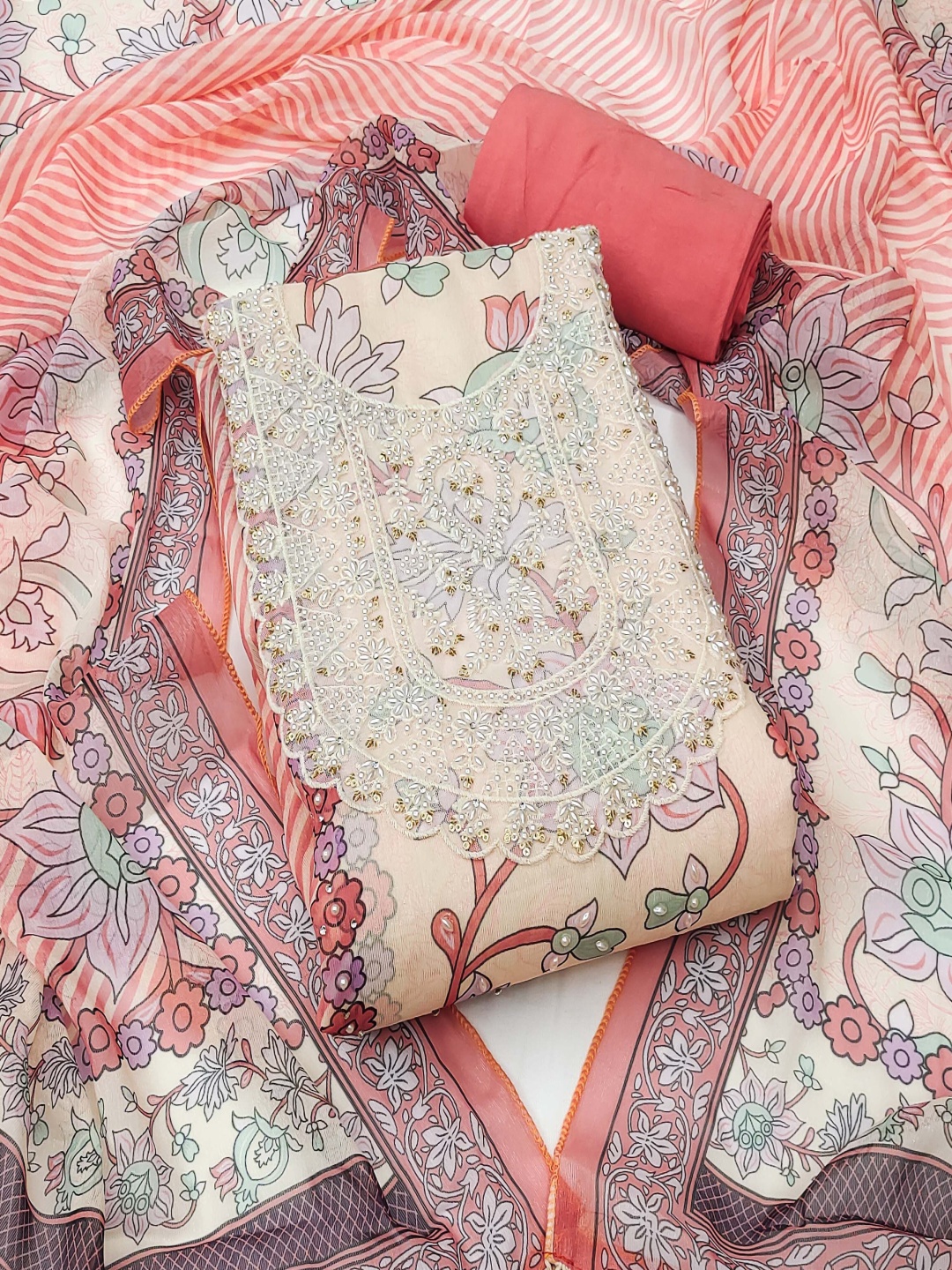 

MANVAA Floral Printed Beads and Stones Organza Unstitched Dress Material, Peach