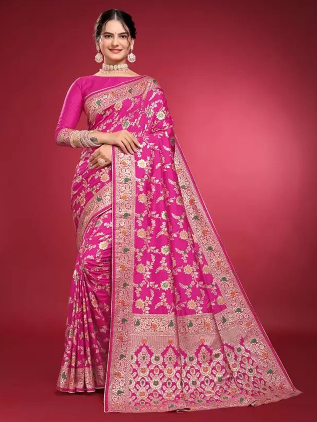 

SAADHVI Ethnic Motifs Woven Design Zari Pure Silk Saree, Pink