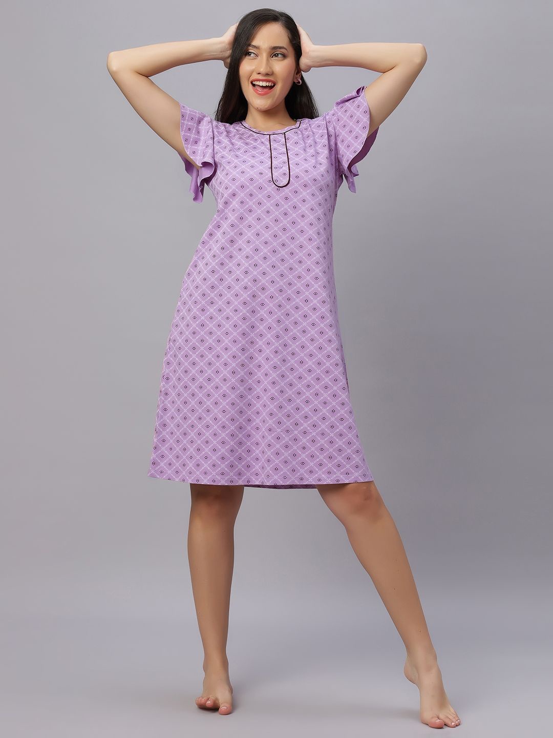 

QUIRA Women Printed Round Neck Nightdress, Purple