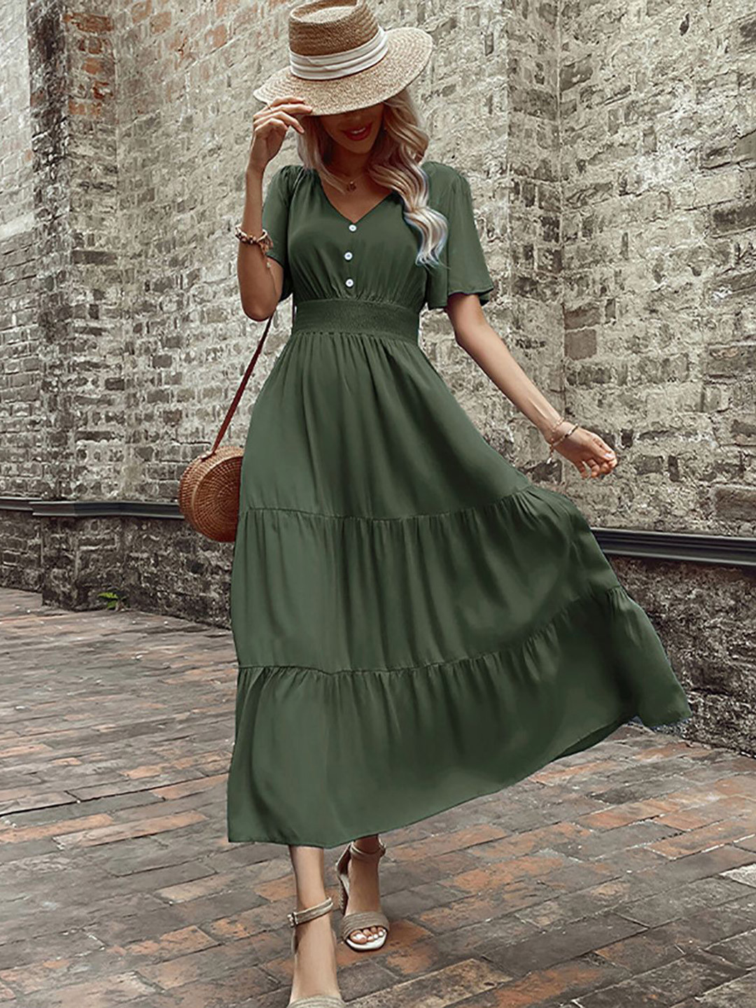 

StyleCast x Revolte Layered A-Line Midi Dress, Green