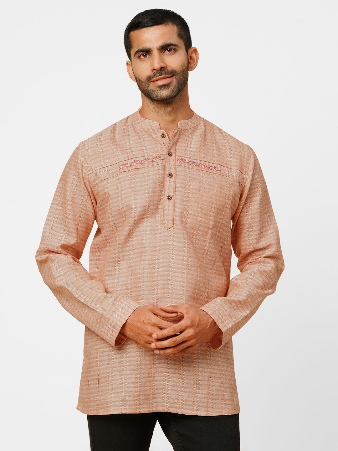 

ARCHATTIRE Striped Woven Design Mandarin Collar Thread Work Cotton Straight Short Kurta, Peach