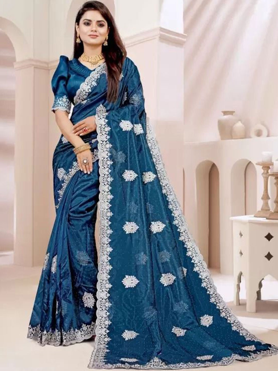

SAADHVI Embellished Embroidered Net Designer Saree, Turquoise blue