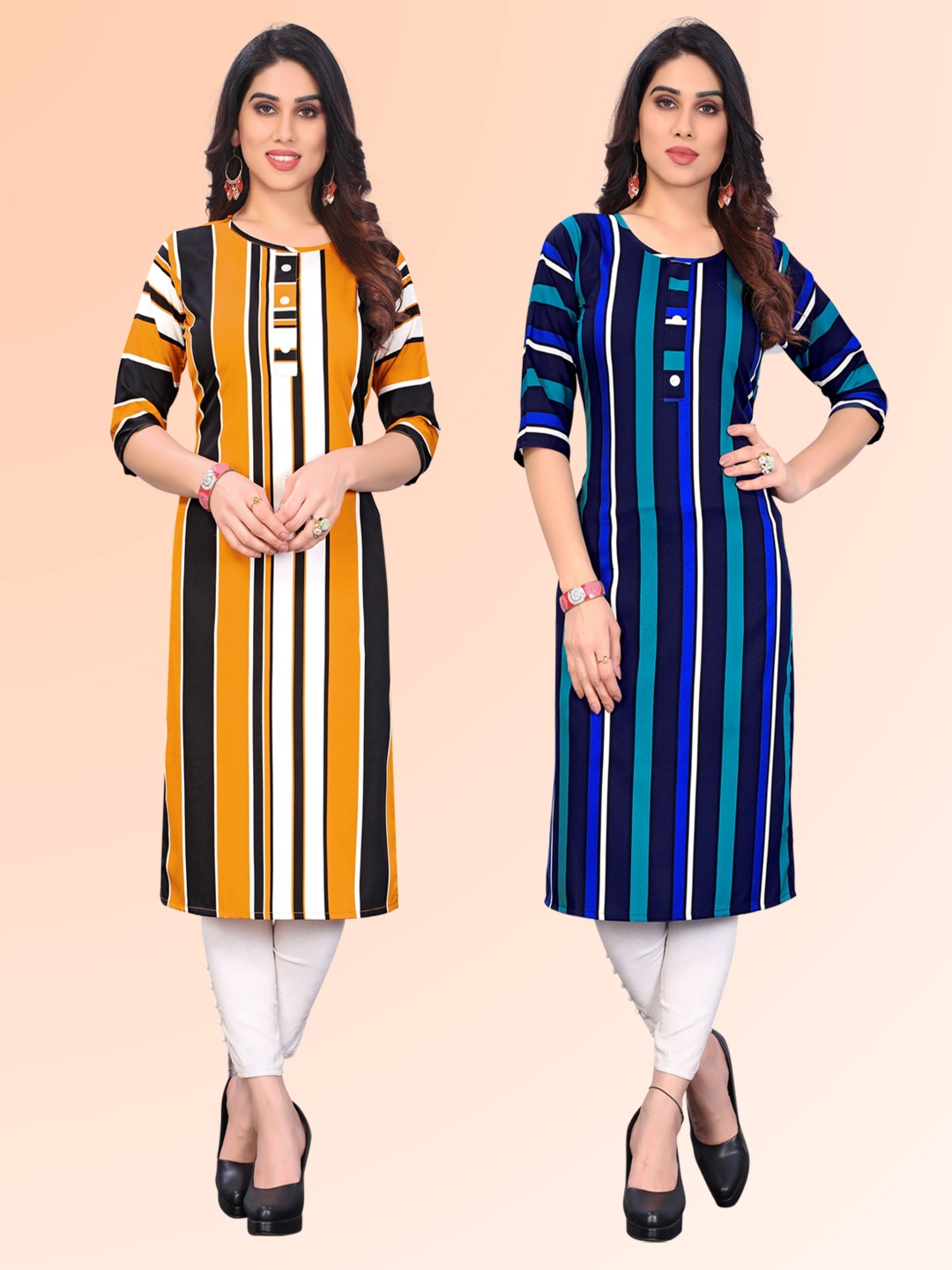 

KETAKI FASHION Selection of 2 Striped Round Neck Straight Kurtas, Mustard