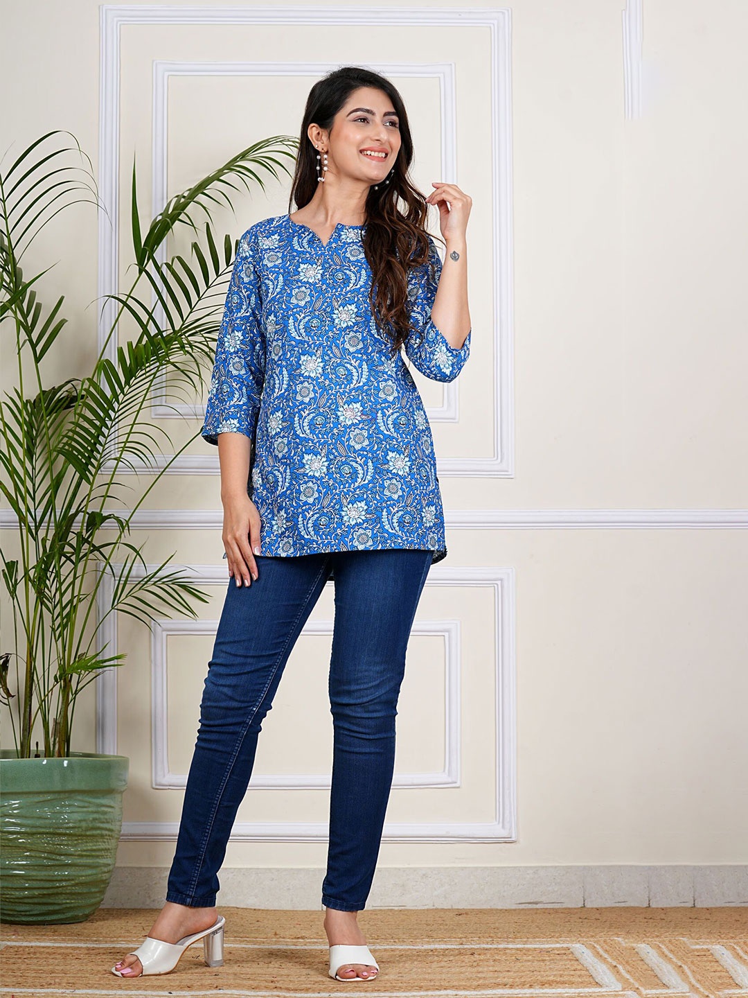 

SITA FASHION HUB Floral Printed Pure Cotton Kurti, Blue