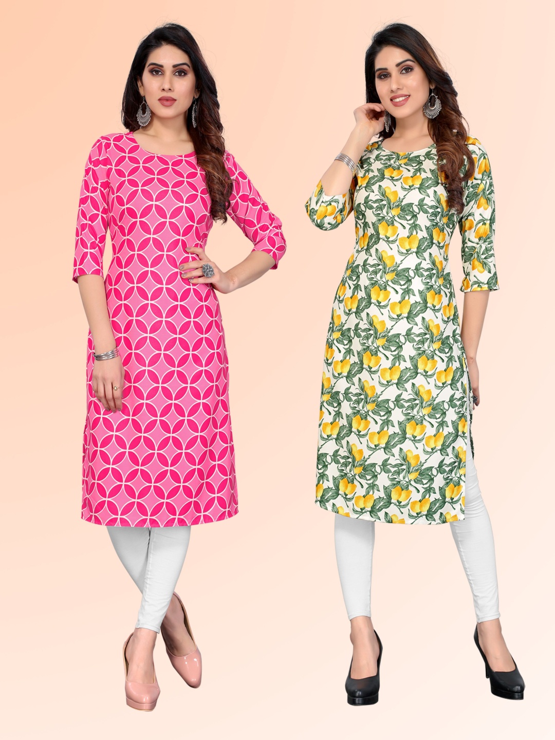 

KETAKI FASHION Selection Of 2 Floral Printed Round Neck Kurtas, Pink