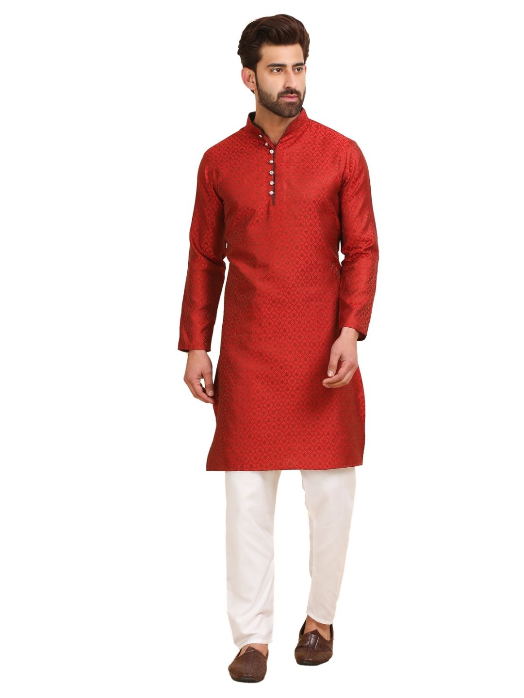 

Larwa Ethnic Motifs Woven Design Mandarin Collar Jacquard Weave Kurta With Churidar, Maroon