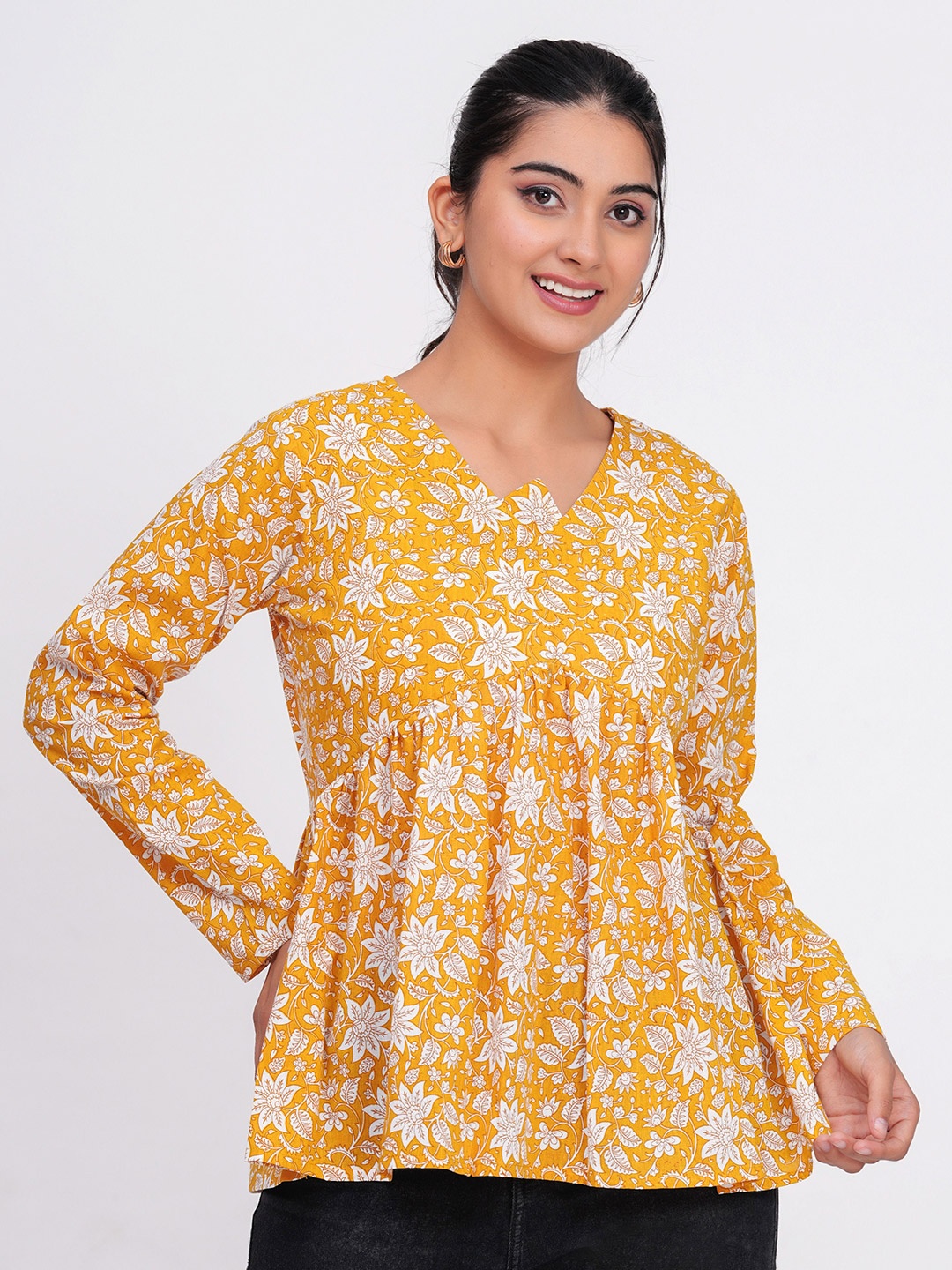 

PINGAKSH Women Floral Print Cotton Peplum Top, Yellow